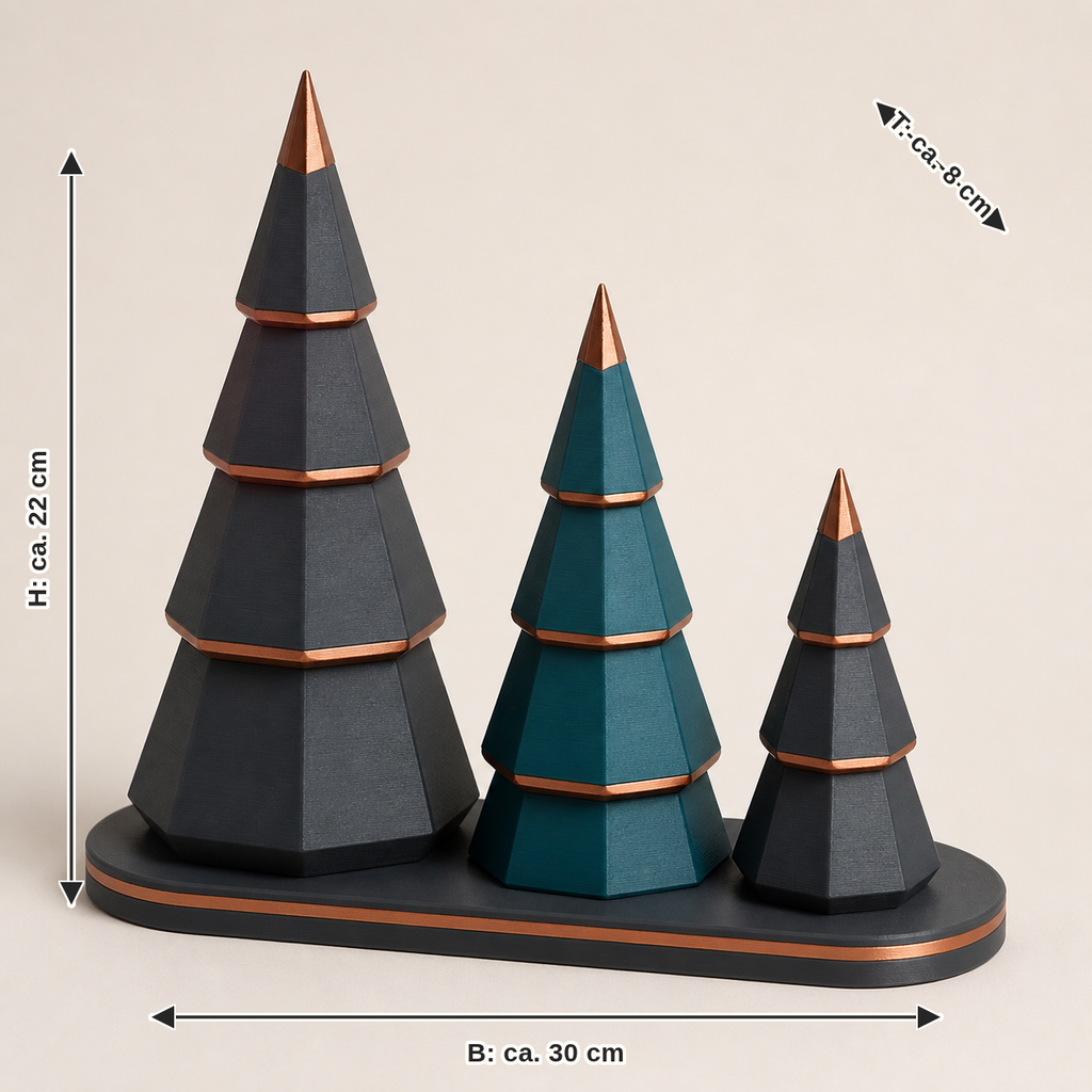 Maßbild für Deko-Wald Tannen-Trio – Modern: Breite ca. 30 cm, Tiefe ca. 8 cm, Höhe ca. 22 cm