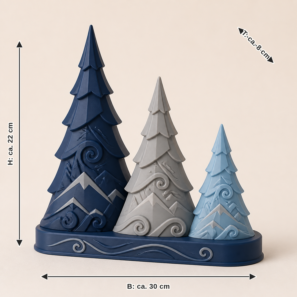 Maßbild für Deko-Wald Tannen-Trio – Nordisch & Mythisch: Breite ca. 30 cm, Tiefe ca. 8 cm, Höhe ca. 22 cm