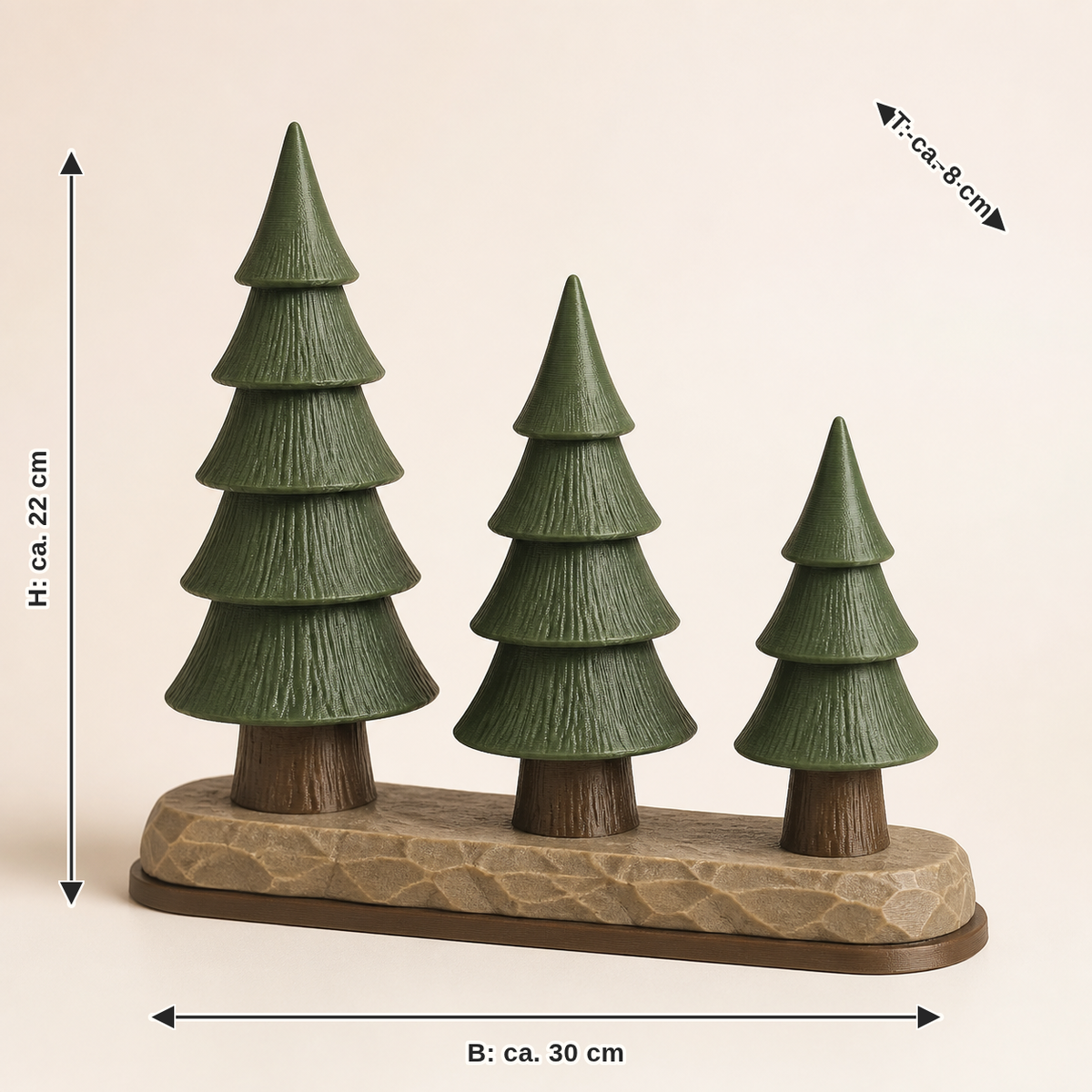 Maßbild für Deko-Wald Tannen-Trio – Urig: Breite ca. 30 cm, Tiefe ca. 8 cm, Höhe ca. 22 cm
