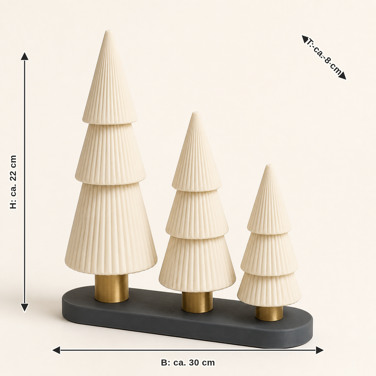 Maßbild für Deko-Wald Tannen-Trio – Zeitlos: Breite ca. 30 cm, Tiefe ca. 8 cm, Höhe ca. 22 cm