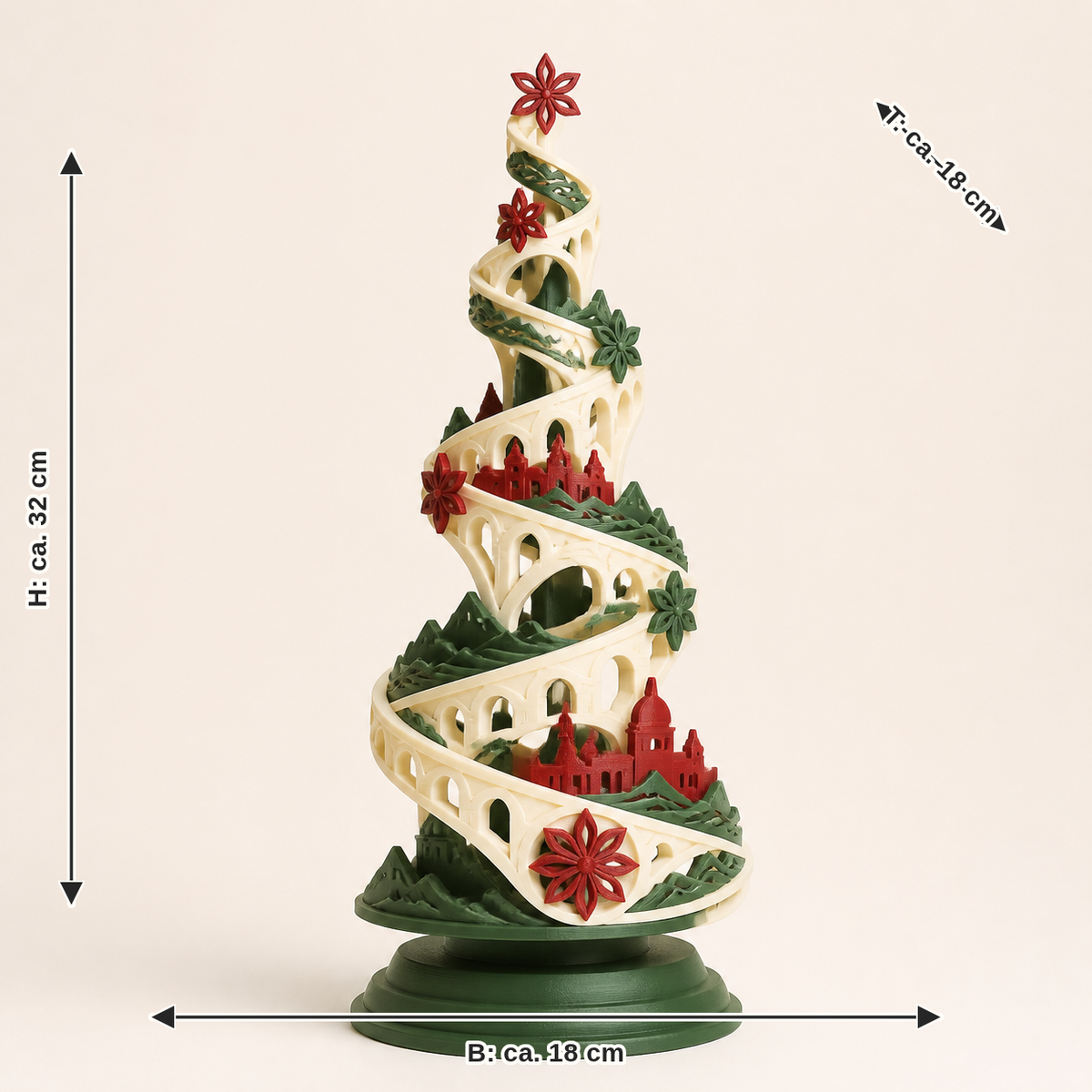 Maßbild für Deko-Weihnachtsbaum Festungsspirale – Salzburg: Breite ca. 18 cm, Tiefe ca. 18 cm, Höhe ca. 32 cm