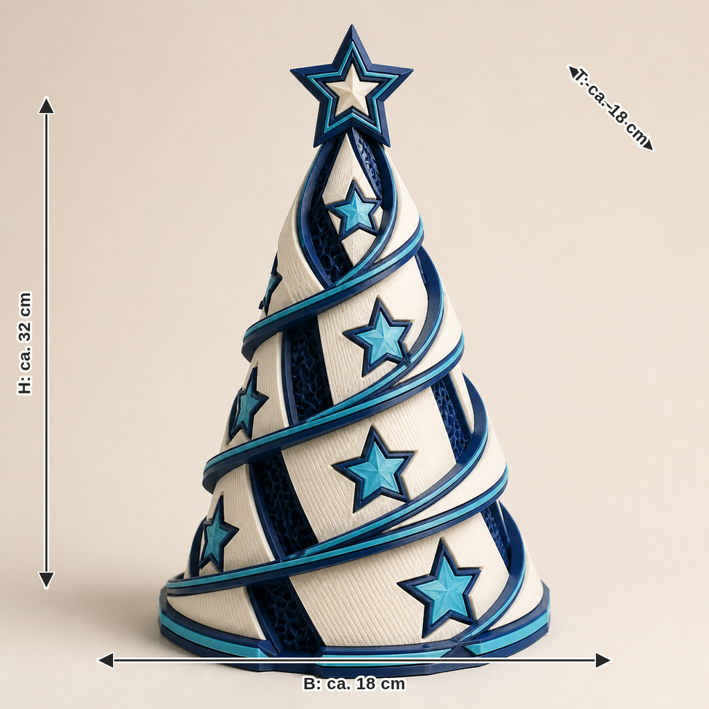 Maßbild für Deko-Weihnachtsbaum Sternspirale – Futuristisch: Breite ca. 18 cm, Tiefe ca. 18 cm, Höhe ca. 32 cm