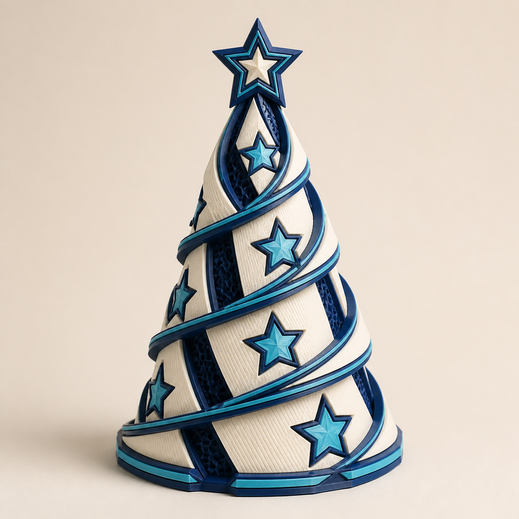 Deko-Weihnachtsbaum Sternspirale – Futuristisch aus PETG auf hellem Studiohintergrund