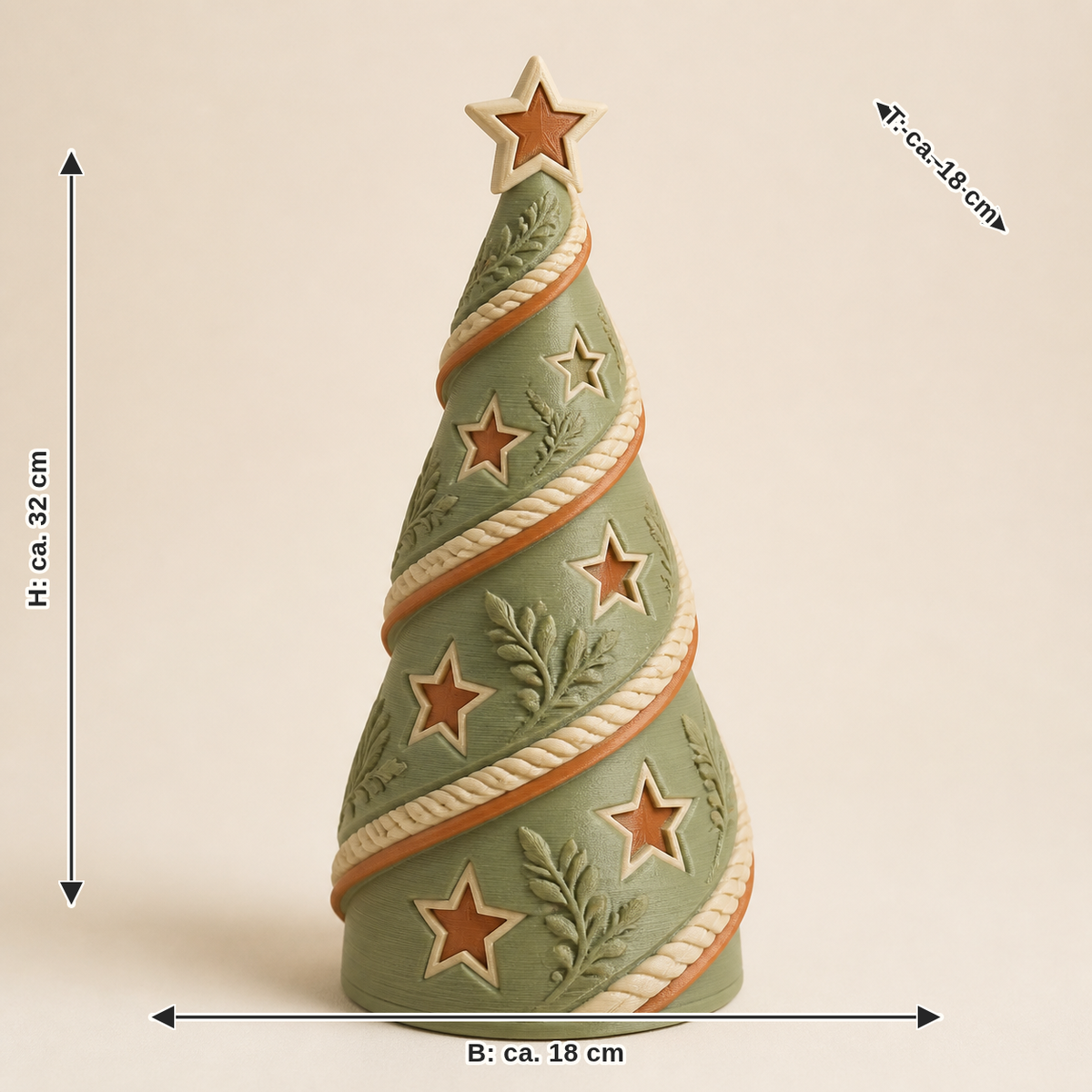Maßbild für Deko-Weihnachtsbaum Sternspirale – Landhaus: Breite ca. 18 cm, Tiefe ca. 18 cm, Höhe ca. 32 cm