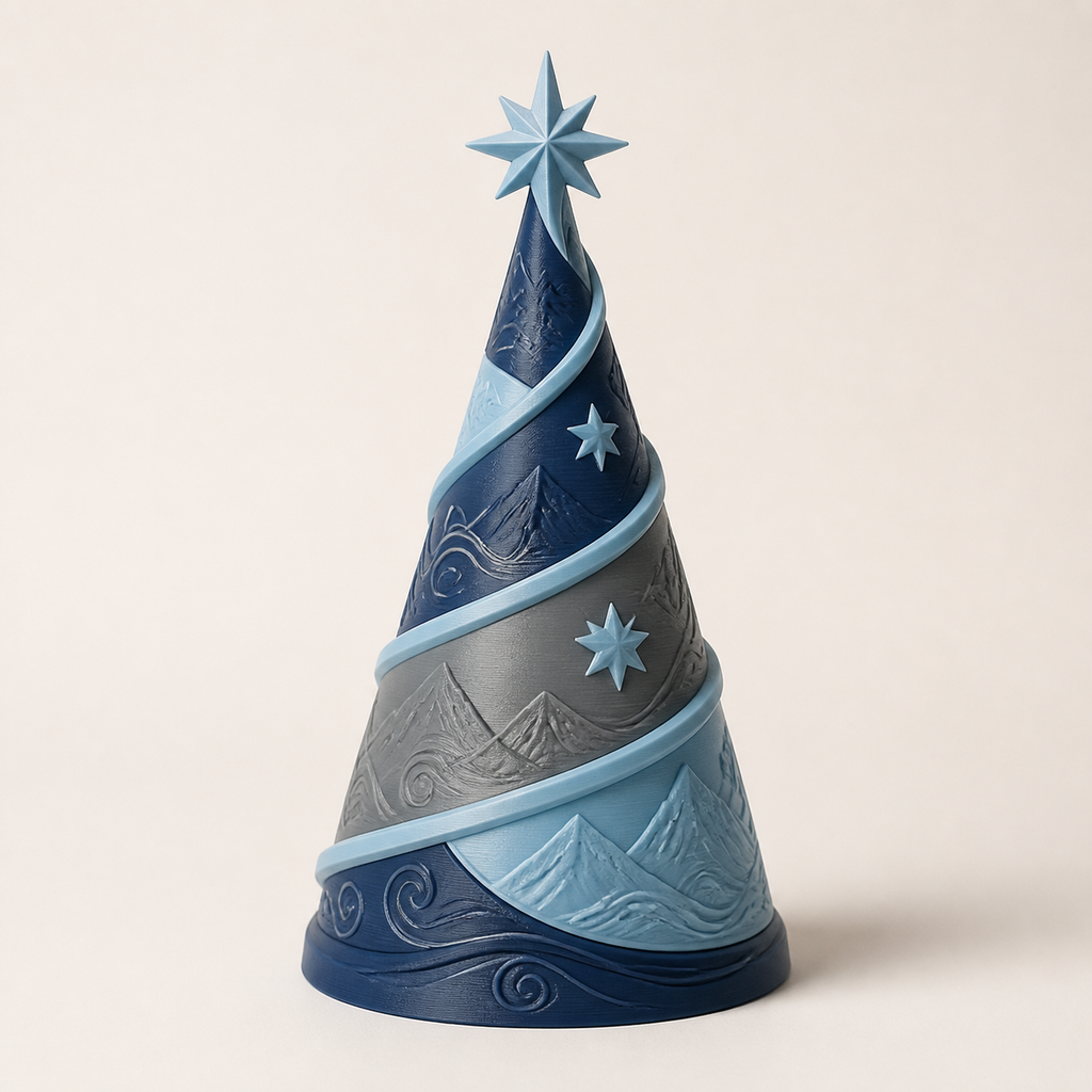 Deko-Weihnachtsbaum Sternspirale – Nordisch & Mythisch aus PETG auf hellem Studiohintergrund