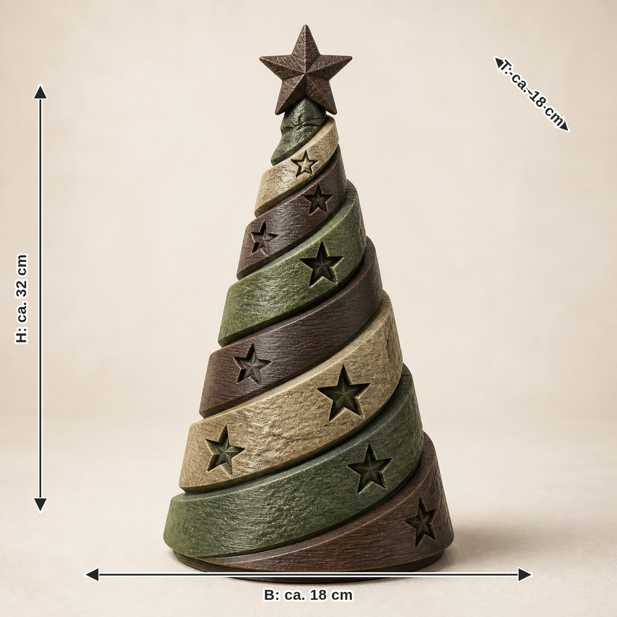 Maßbild für Deko-Weihnachtsbaum Sternspirale – Urig: Breite ca. 18 cm, Tiefe ca. 18 cm, Höhe ca. 32 cm