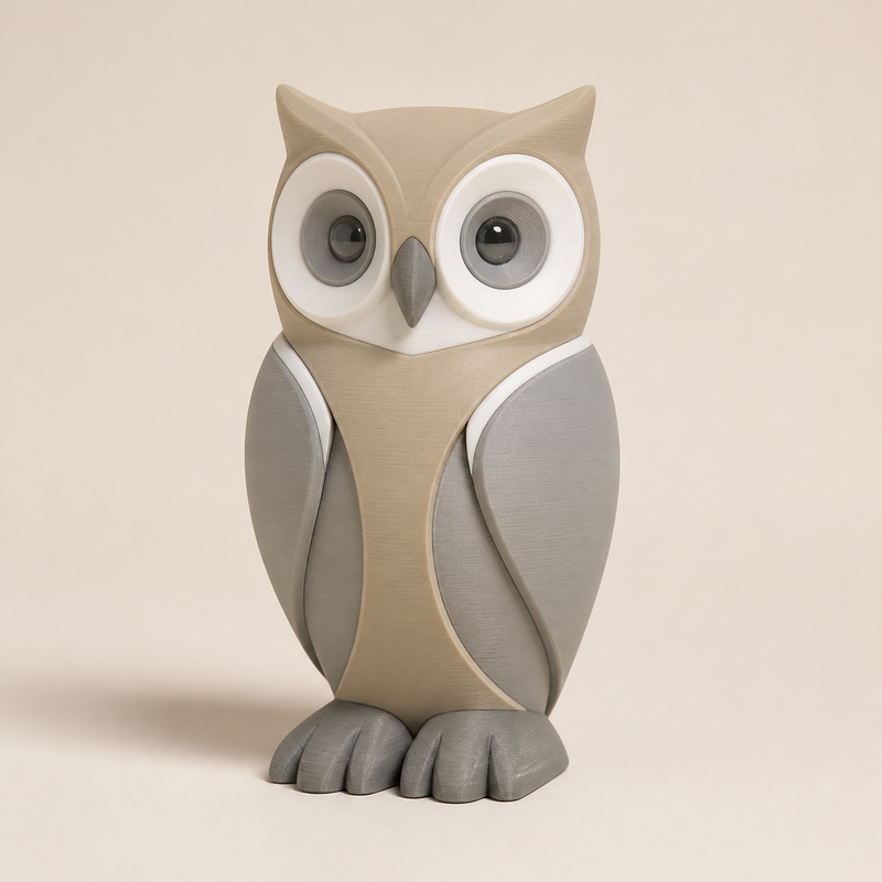 Dekofigur Eule Nachtwacht im Stil Minimalistisch aus 3D-gedrucktem PETG in Sand, Warmweiß, Grau