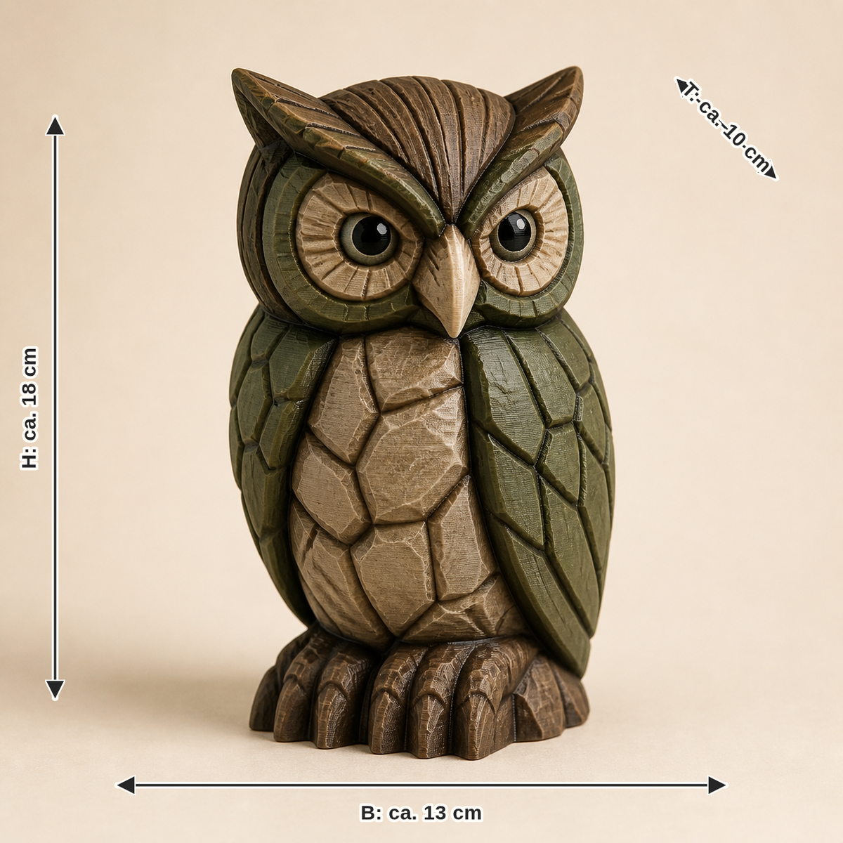 Maßbild für Dekofigur Eule Nachtwacht – Urig: Breite ca. 13 cm, Tiefe ca. 10 cm, Höhe ca. 18 cm