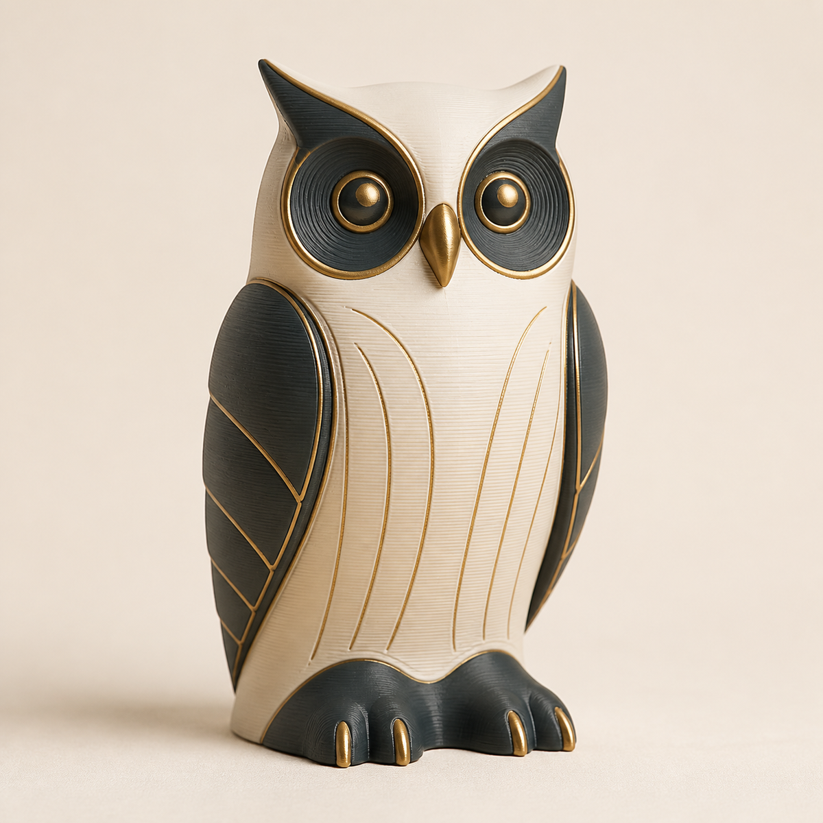 Decorative Owl Timeless Night Watch from 3D printed PETG in ivory, graphite, brass
