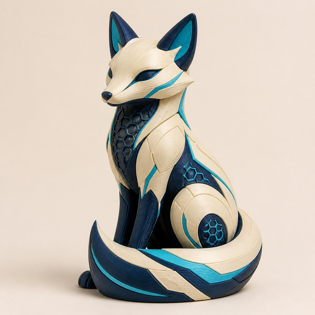 Dekofigur Fuchs Ruhepfad im Stil Futuristisch aus 3D-gedrucktem PETG in Creme, Dunkelblau, Cyan