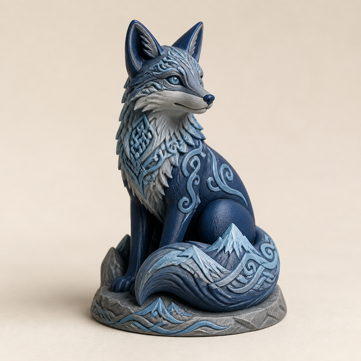 Dekofigur Fuchs Ruhepfad im Stil Nordisch & Mythisch aus 3D-gedrucktem PETG in Dunkelblau, Steingrau, Eisblau
