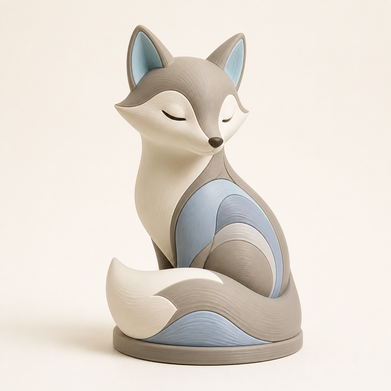 Dekofigur Fuchs Ruhepfad im Stil Still aus 3D-gedrucktem PETG in Taupe, Hellblau, Creme