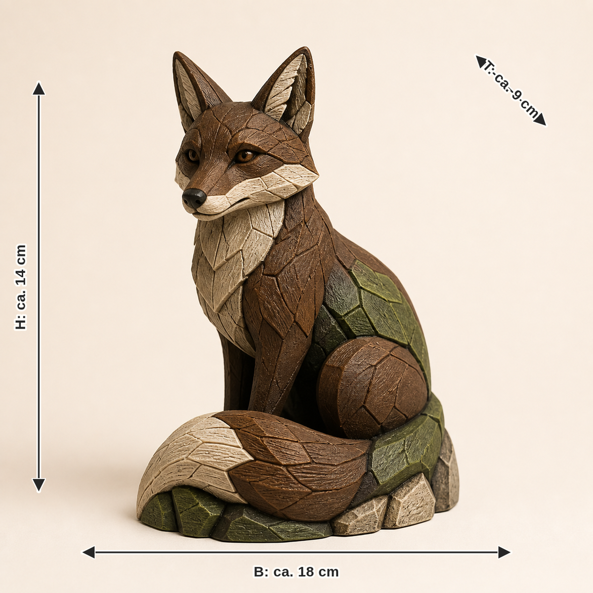 Maßbild für Dekofigur Fuchs Ruhepfad – Urig: Breite ca. 18 cm, Tiefe ca. 9 cm, Höhe ca. 14 cm