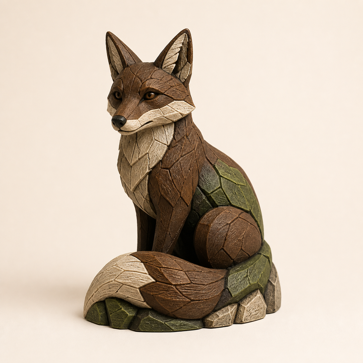 Dekofigur Fuchs Ruhepfad im Stil Urig aus 3D-gedrucktem PETG in Walnussbraun, Moosgrün, Sand
