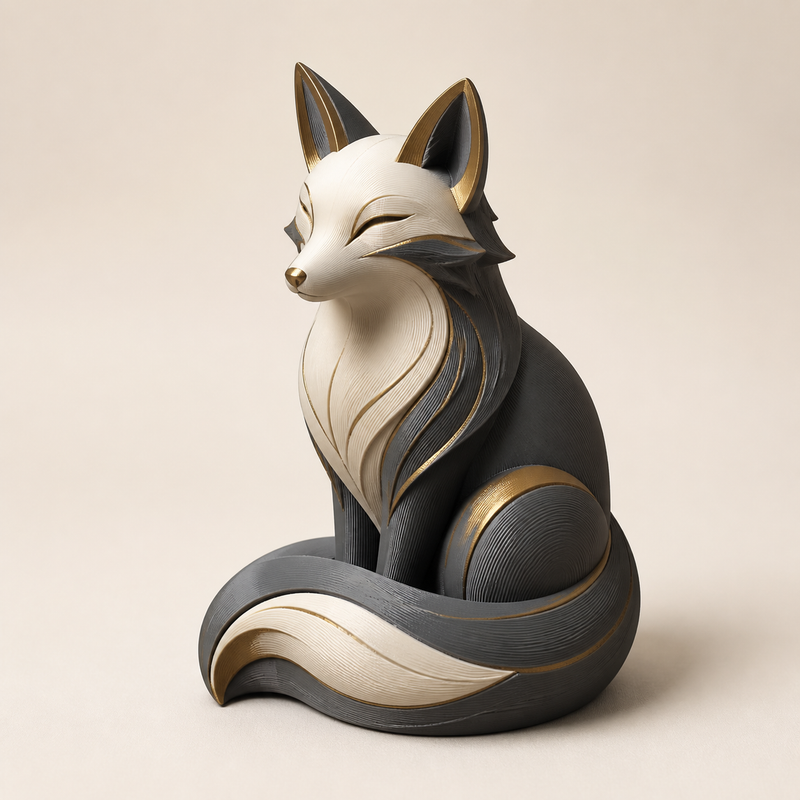 Decorative Fox Resting Path in Timeless Style from 3D Printed PETG in ivory, graphite, brass