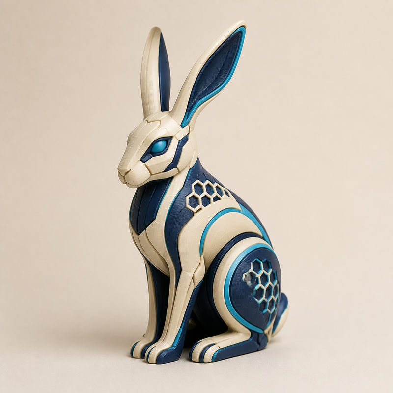 Dekofigur Hase Feldsprung im Stil Futuristisch aus 3D-gedrucktem PETG in Creme, Dunkelblau, Cyan