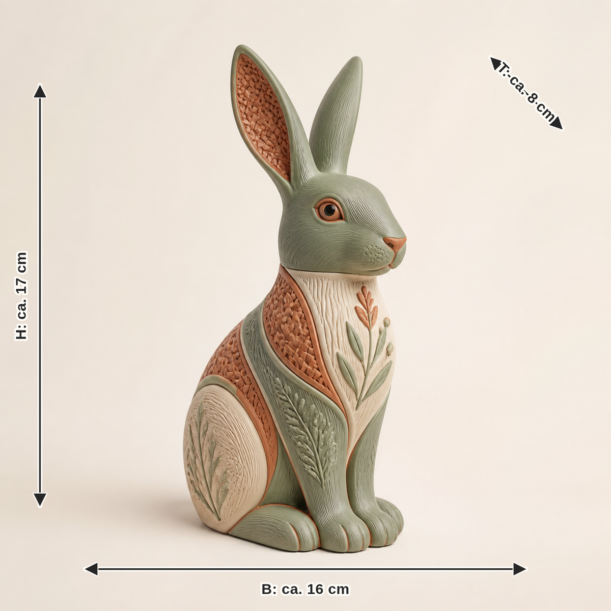 Dimensional image for decorative figure rabbit Feldsprung – Country: width approx. 16 cm, depth approx. 8 cm, height approx. 17 cm