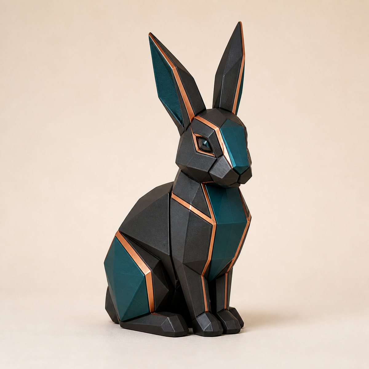 Decofigure rabbit field jump in modern style from 3D-printed PETG in anthracite, teal, copper