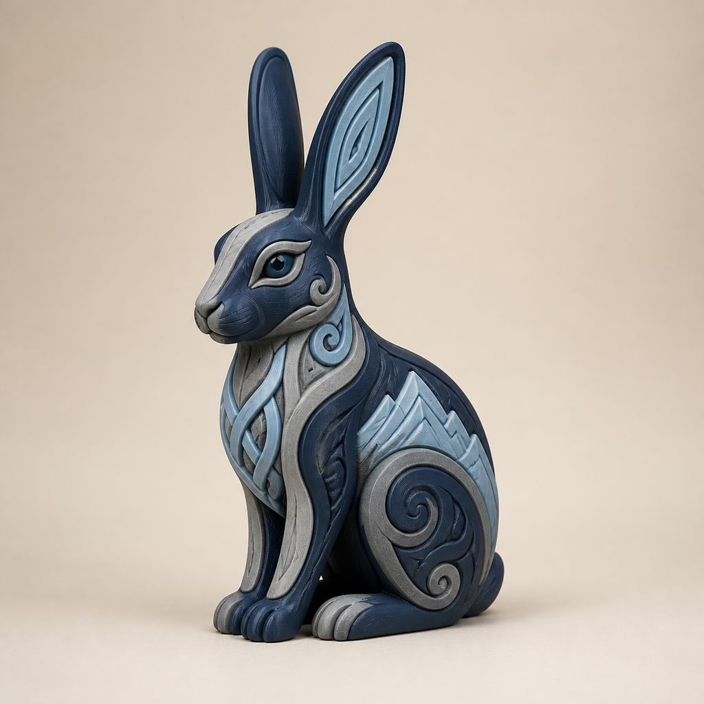 Dekofigur Hase Feldsprung im Stil Nordisch & Mythisch aus 3D-gedrucktem PETG in Dunkelblau, Steingrau, Eisblau
