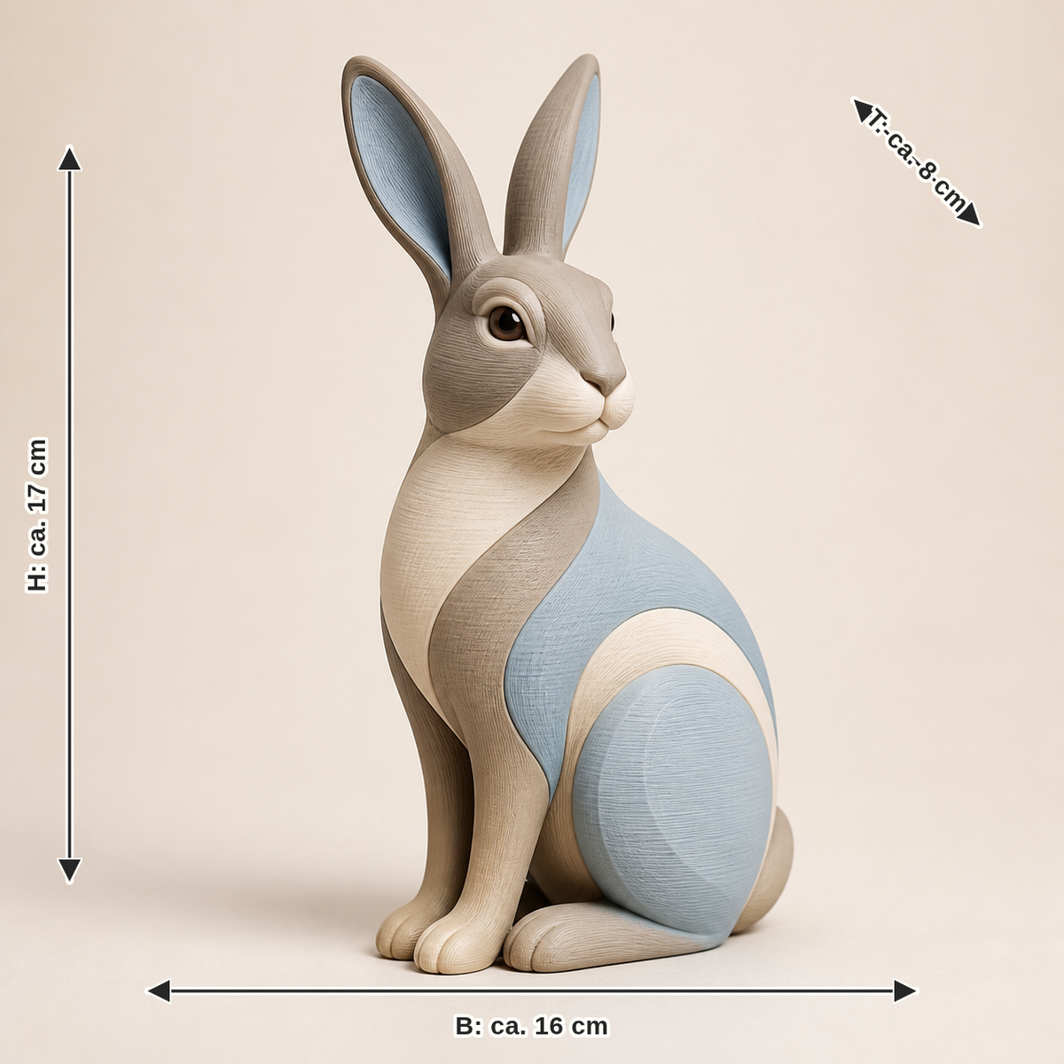 Maßbild für Dekofigur Hase Feldsprung – Still: Breite ca. 16 cm, Tiefe ca. 8 cm, Höhe ca. 17 cm
