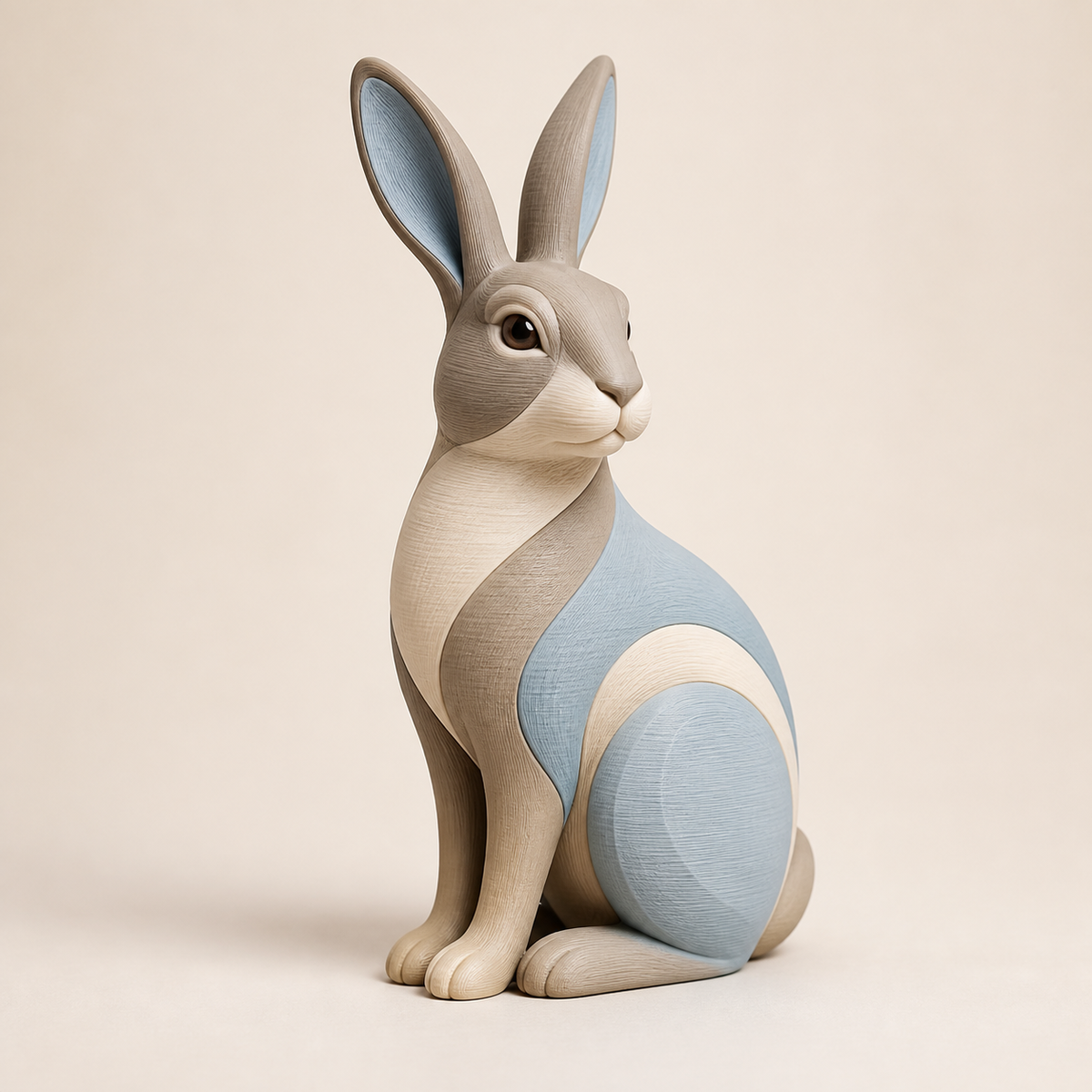 Dekofigur Hase Feldsprung im Stil Still aus 3D-gedrucktem PETG in Taupe, Hellblau, Creme