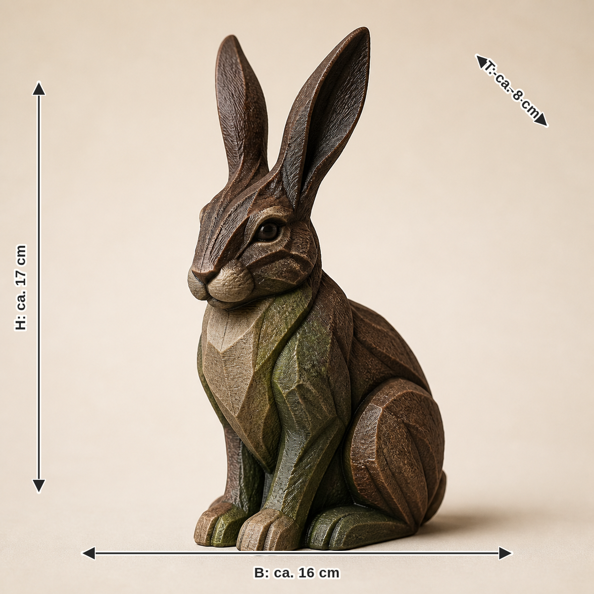 Maßbild für Dekofigur Hase Feldsprung – Urig: Breite ca. 16 cm, Tiefe ca. 8 cm, Höhe ca. 17 cm