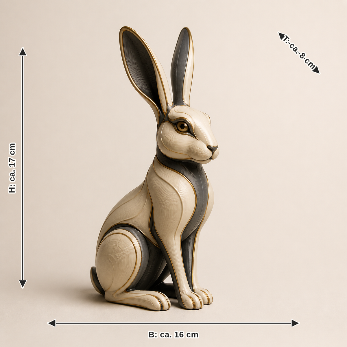 Maßbild für Dekofigur Hase Feldsprung – Zeitlos: Breite ca. 16 cm, Tiefe ca. 8 cm, Höhe ca. 17 cm