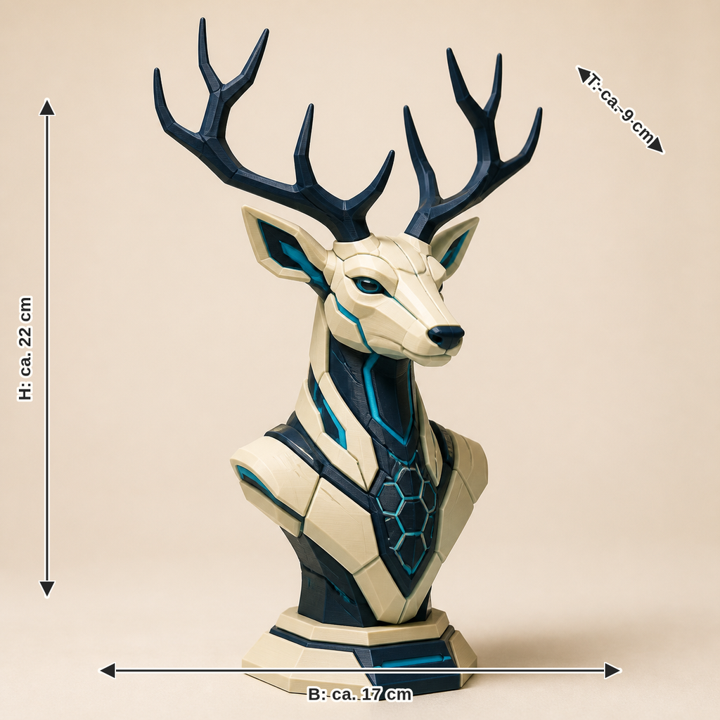 Measurement for decorative figure Hirsch Waldkrone – Futuristic: width approx. 17 cm, depth approx. 9 cm, height approx. 22 cm