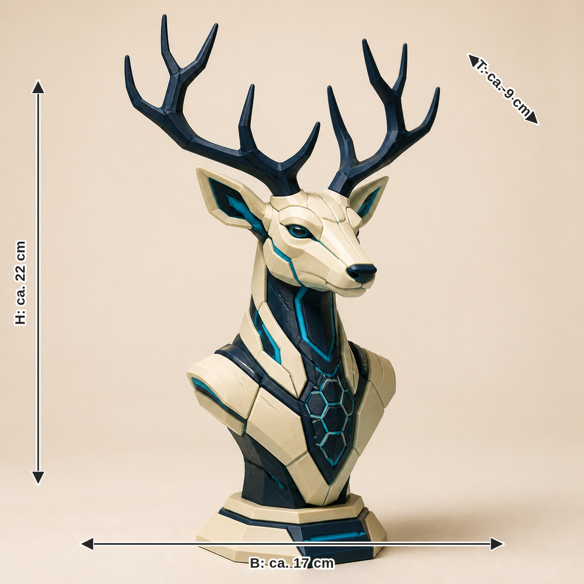 Measurement for decorative figure Hirsch Waldkrone – Futuristic: width approx. 17 cm, depth approx. 9 cm, height approx. 22 cm