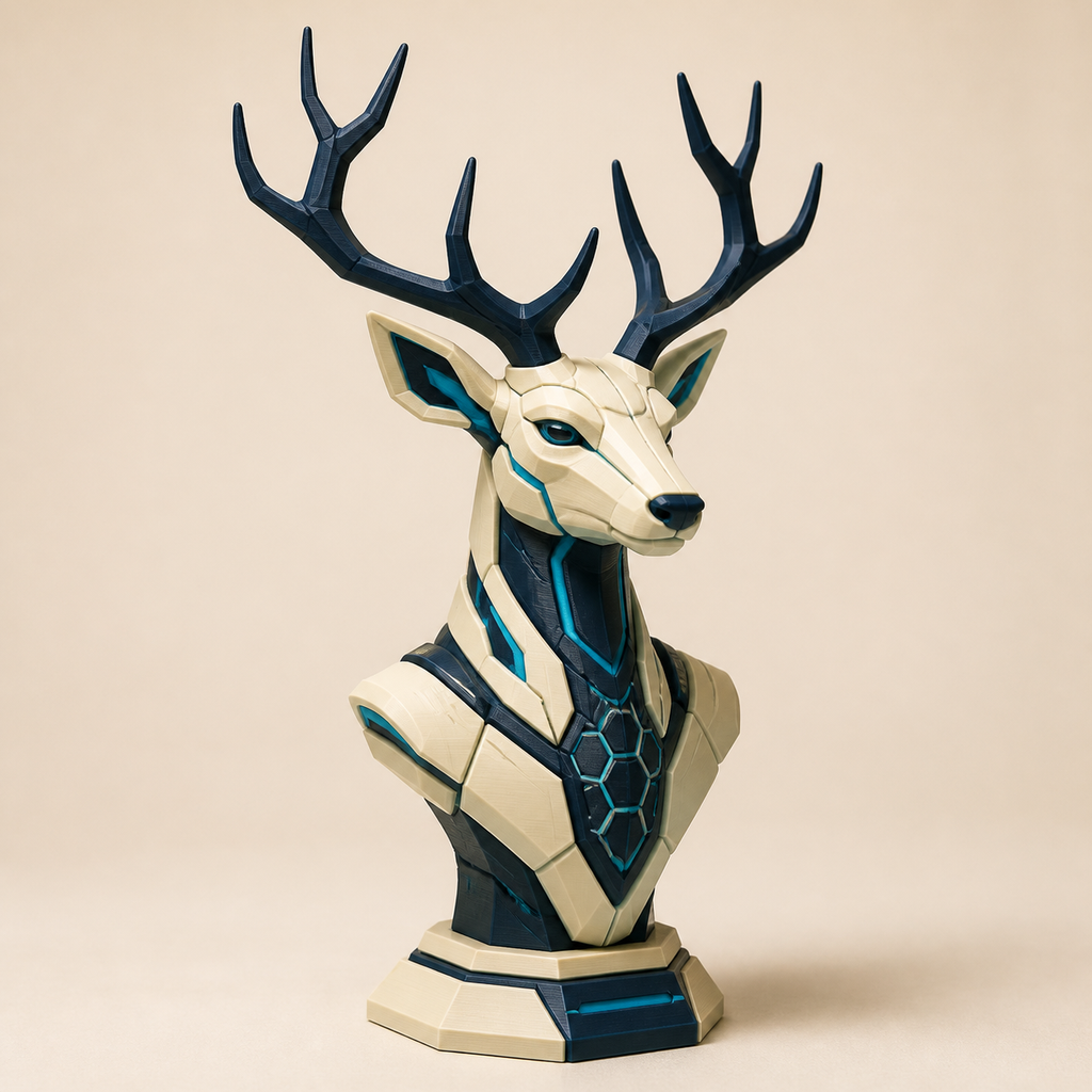 Decorative figure Hirsch Waldkrone in the style Futuristic from 3D-printed PETG in cream, dark blue, cyan