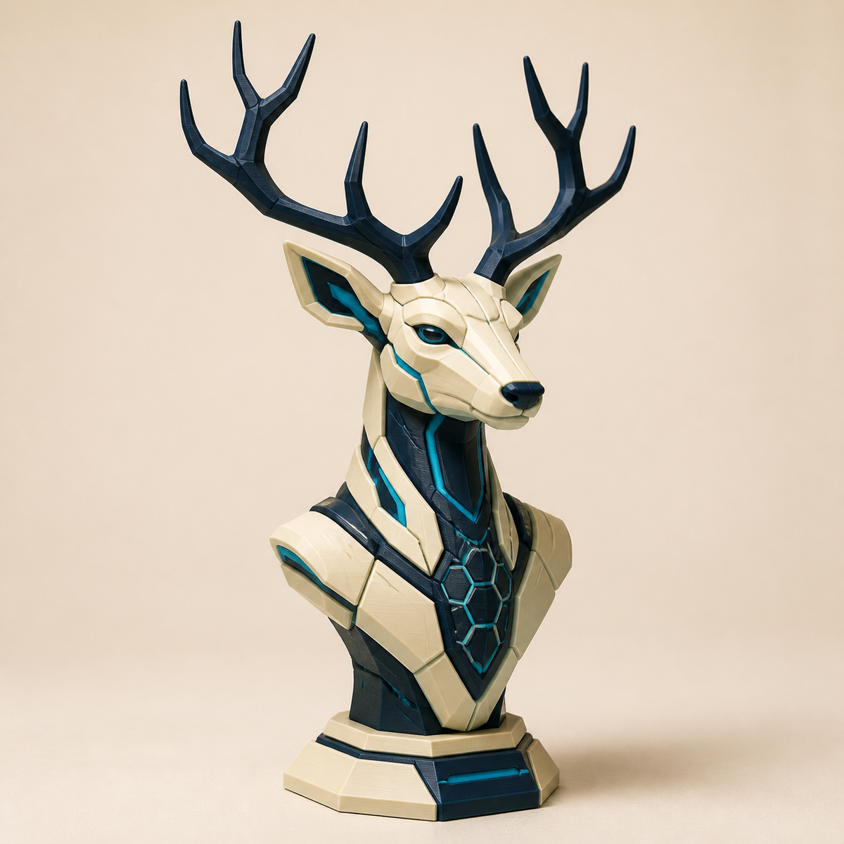 Decorative figure Hirsch Waldkrone in the style Futuristic from 3D-printed PETG in cream, dark blue, cyan