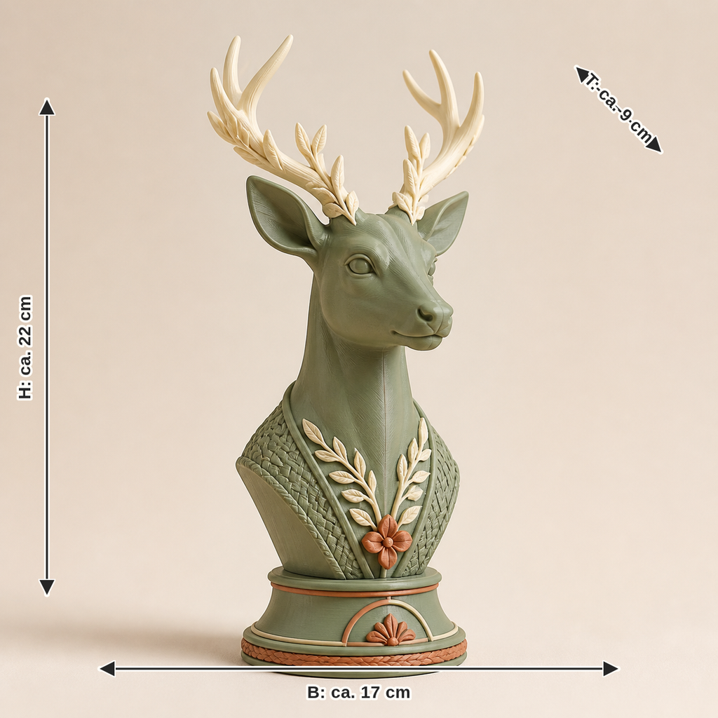 Maßbild für Dekofigur Hirsch Waldkrone – Landhaus: Breite ca. 17 cm, Tiefe ca. 9 cm, Höhe ca. 22 cm
