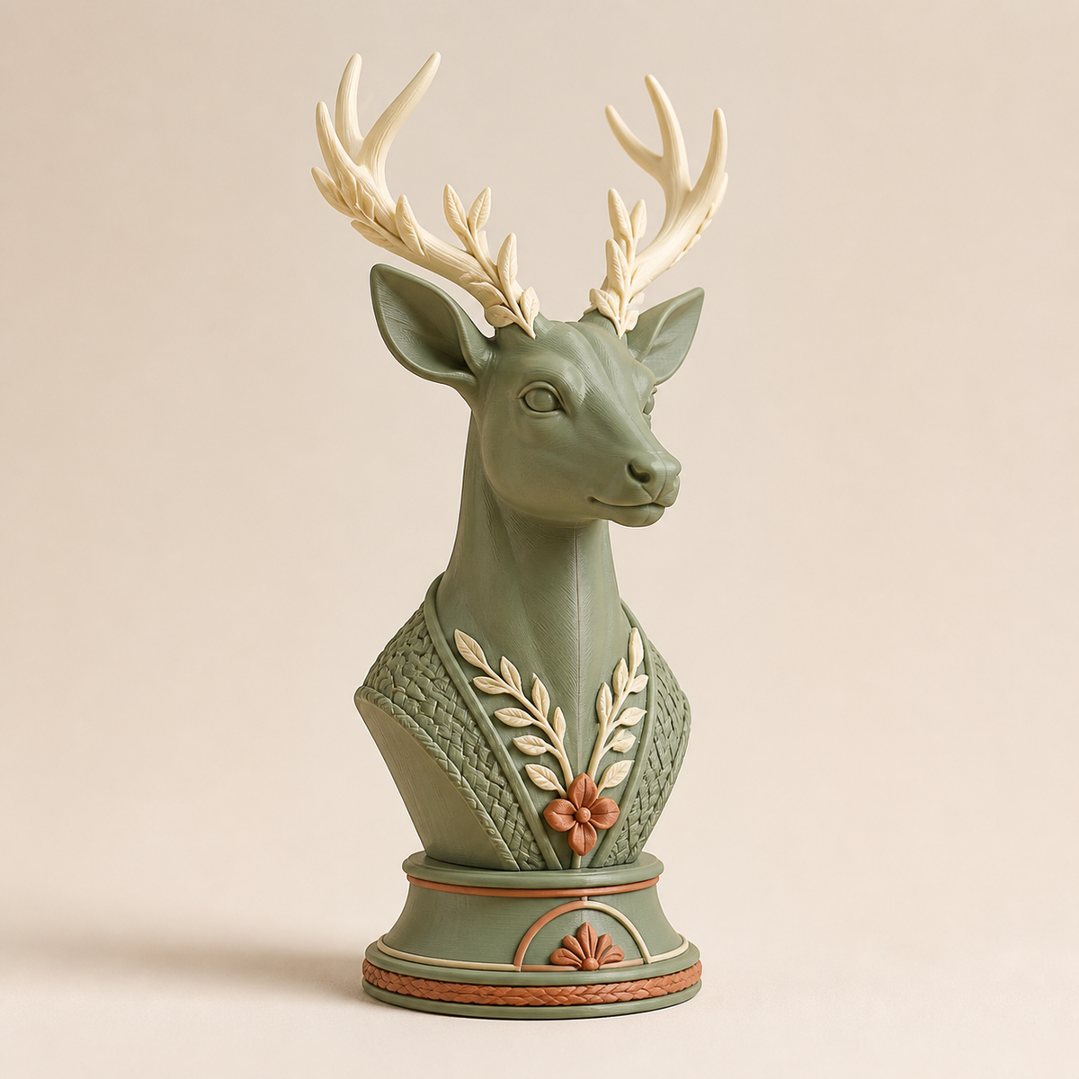 Decorative figure deer forest crown in the style Country from 3D-printed PETG in sage green, cream, terracotta