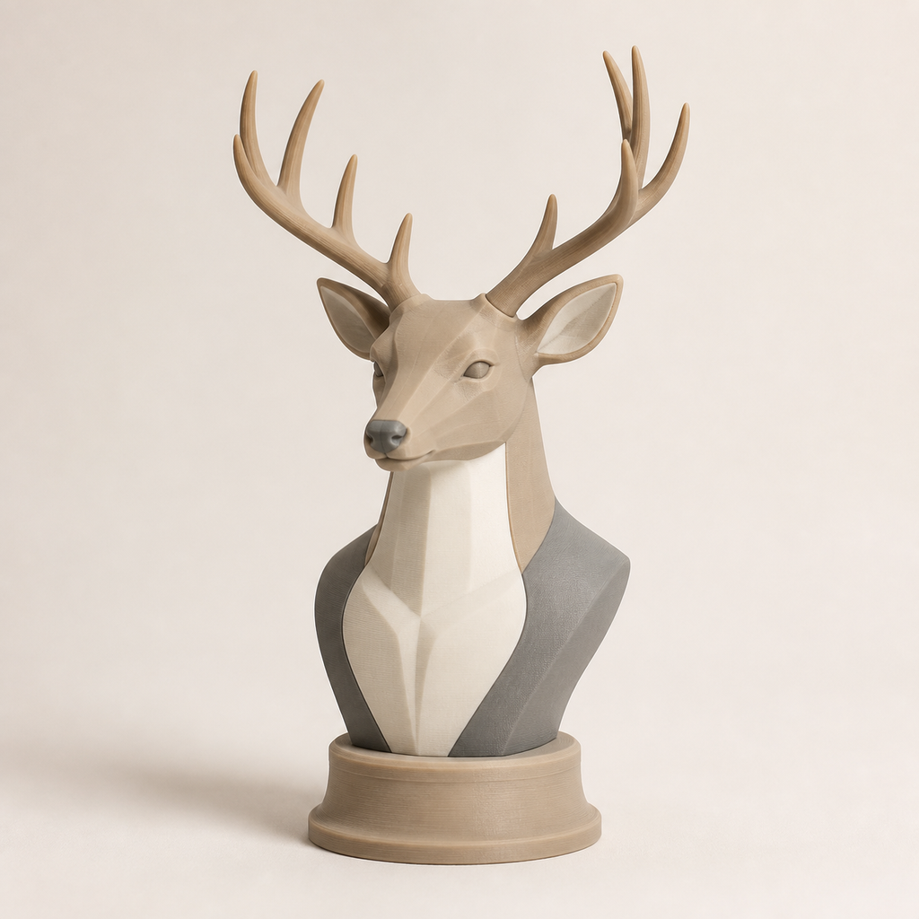 Decorative figure Hirsch Waldkrone in the style Minimalist made of 3D-printed PETG in Sand, warm white, grey
