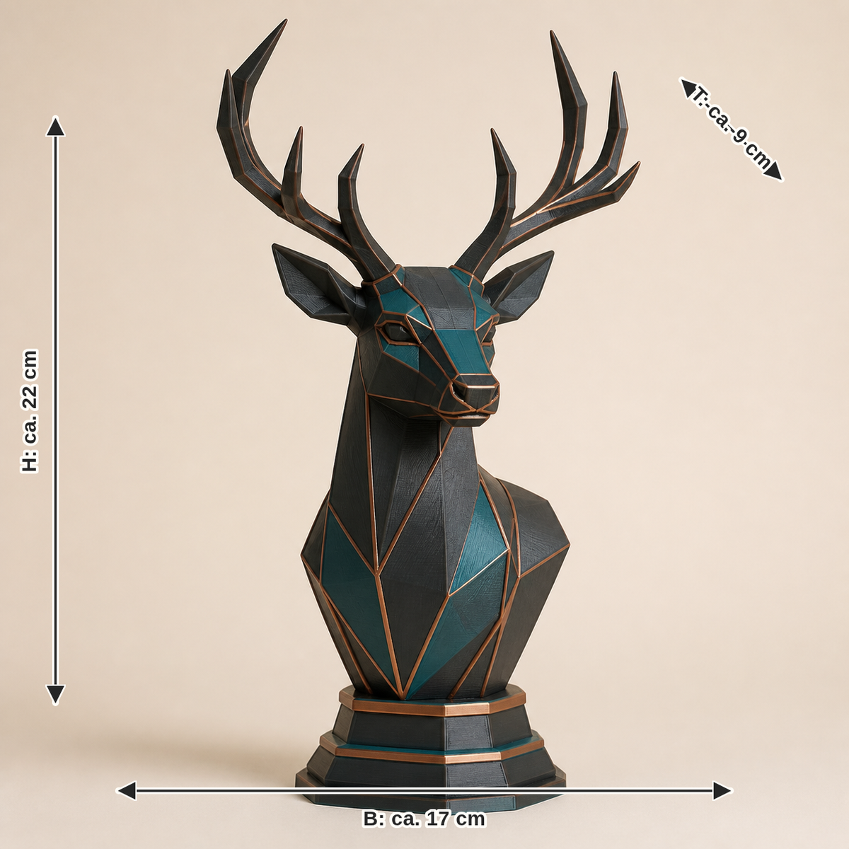 Dimensional image for decorative figure Hirsch Waldkrone – Modern: width approx. 17 cm, depth approx. 9 cm, height approx. 22 cm