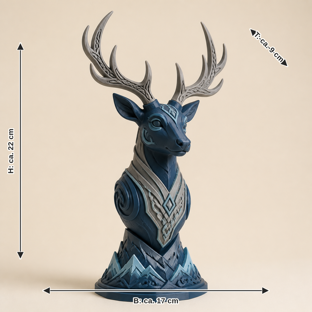 Maßbild für Dekofigur Hirsch Waldkrone – Nordisch & Mythisch: Breite ca. 17 cm, Tiefe ca. 9 cm, Höhe ca. 22 cm