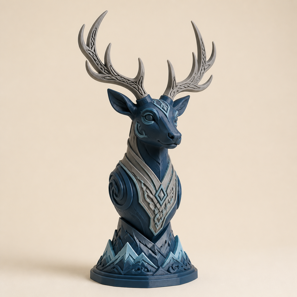 Deco figure Hirsch Waldkrone in Nordic & Mythical style from 3D-printed PETG in dark blue, stone grey, ice blue