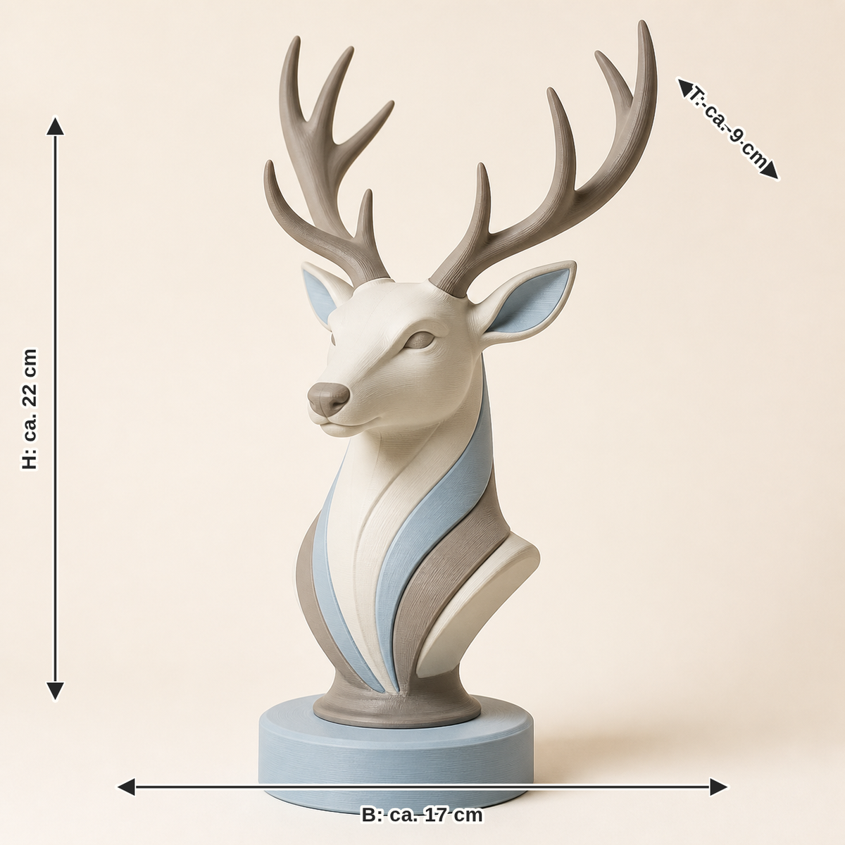 Maßbild für Dekofigur Hirsch Waldkrone – Still: Breite ca. 17 cm, Tiefe ca. 9 cm, Höhe ca. 22 cm