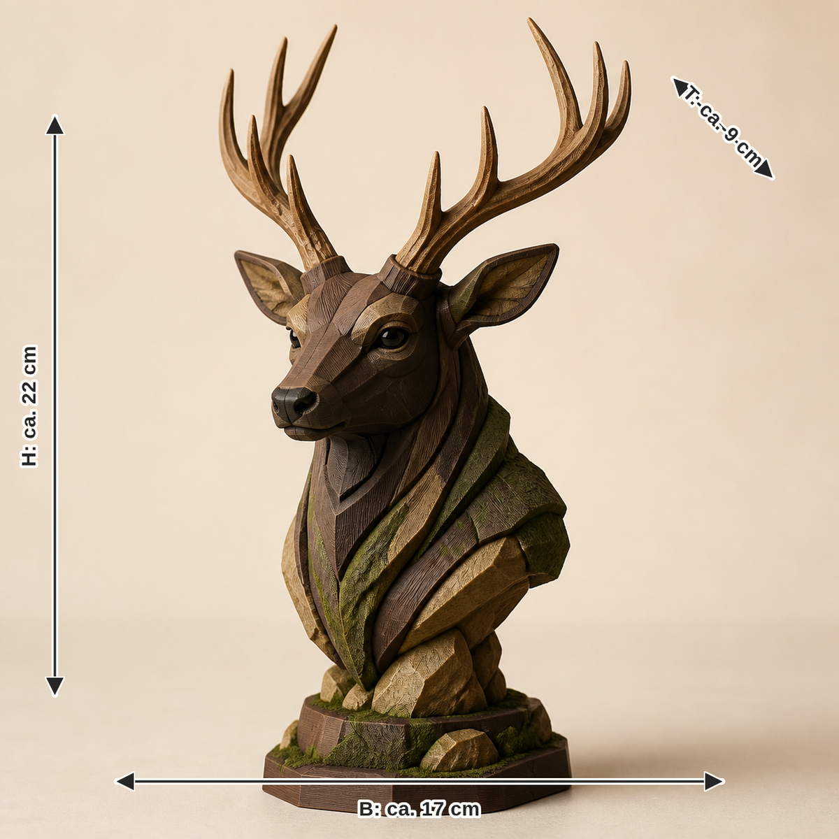 Maßbild für Dekofigur Hirsch Waldkrone – Urig: Breite ca. 17 cm, Tiefe ca. 9 cm, Höhe ca. 22 cm