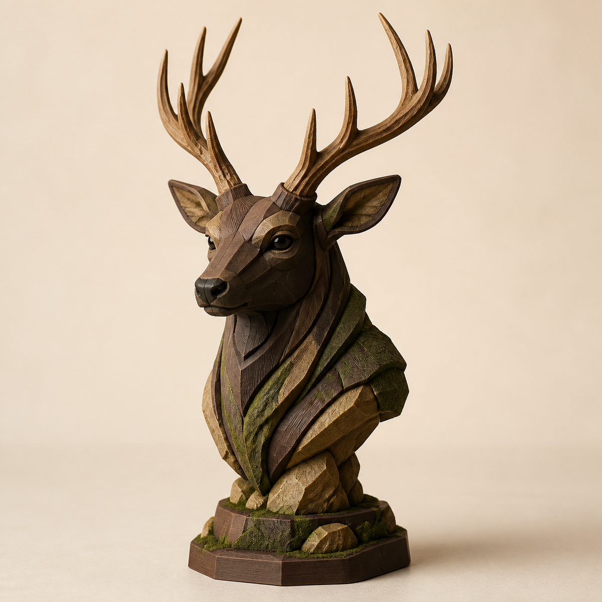 Dekofigur Hirsch Waldkrone im Stil Urig aus 3D-gedrucktem PETG in Walnussbraun, Moosgrün, Sand