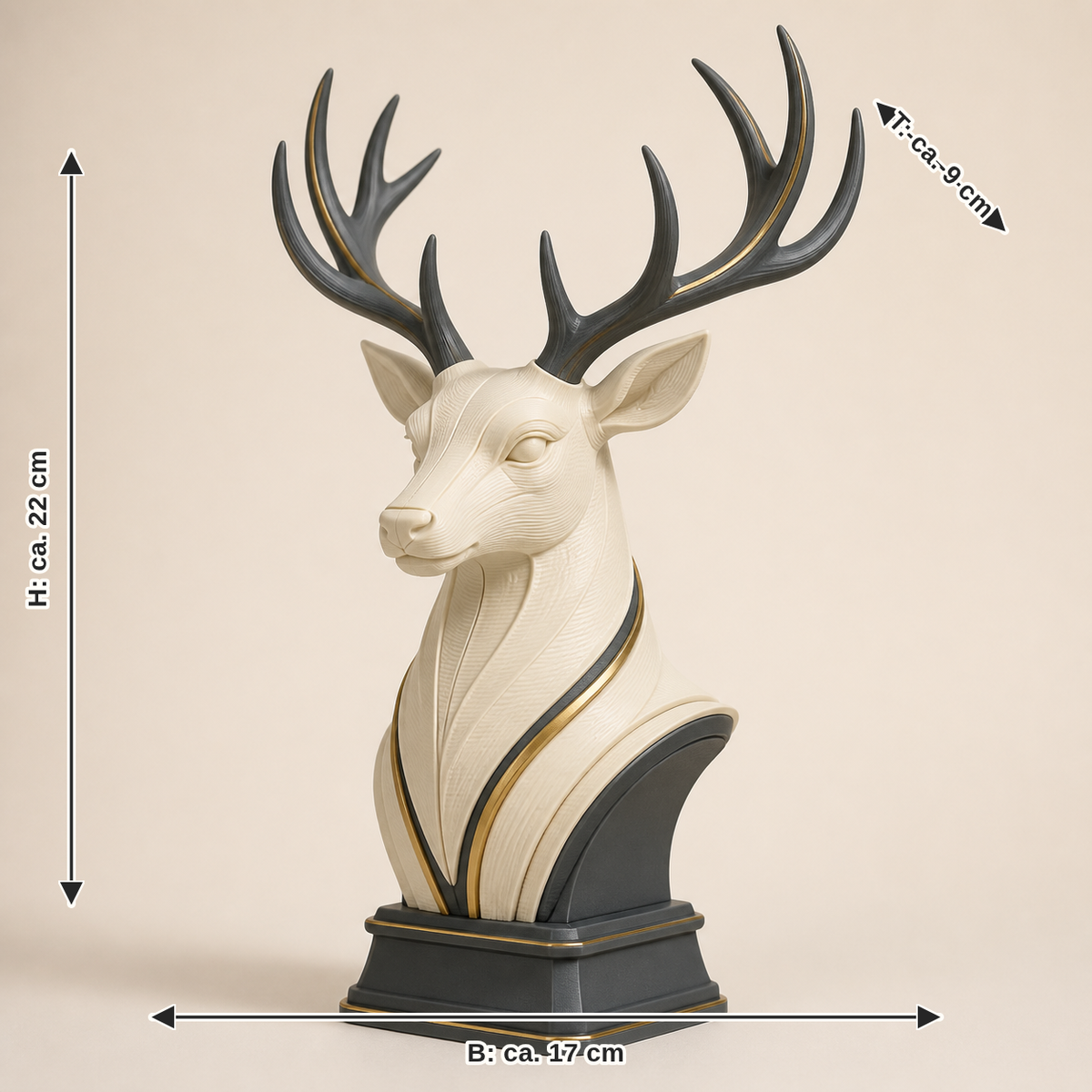 Maßbild für Dekofigur Hirsch Waldkrone – Zeitlos: Breite ca. 17 cm, Tiefe ca. 9 cm, Höhe ca. 22 cm