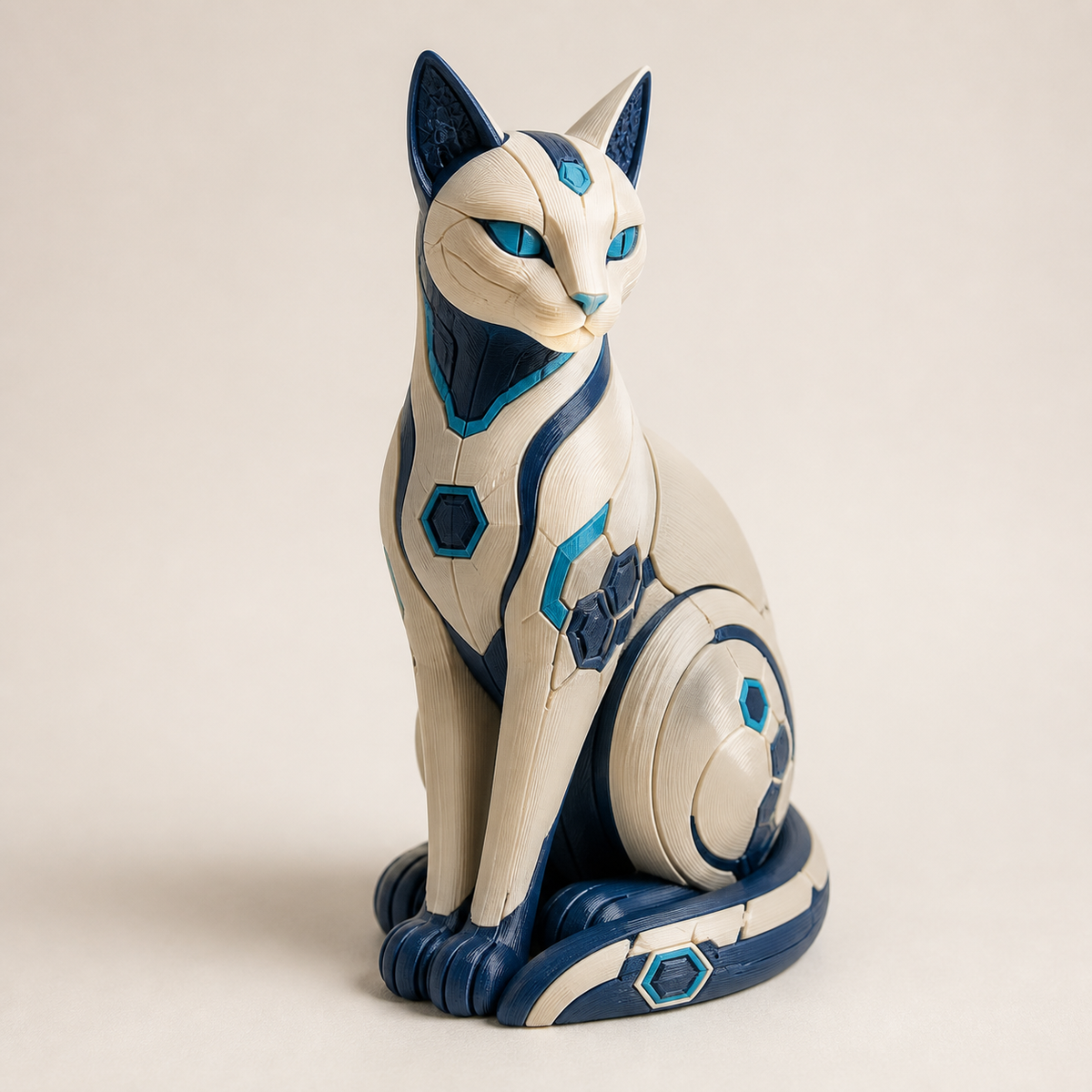 Decofigure cat balance in style Futuristic from 3D-printed PETG in cream, dark blue, cyan
