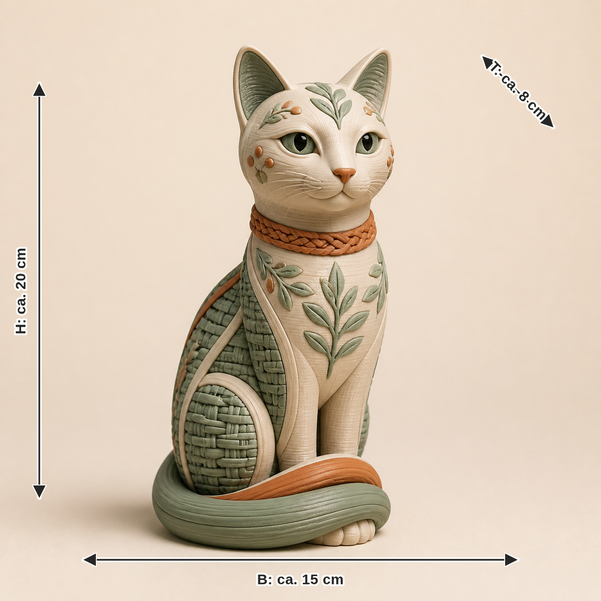 Maßbild für Dekofigur Katze Balance – Landhaus: Breite ca. 15 cm, Tiefe ca. 8 cm, Höhe ca. 20 cm