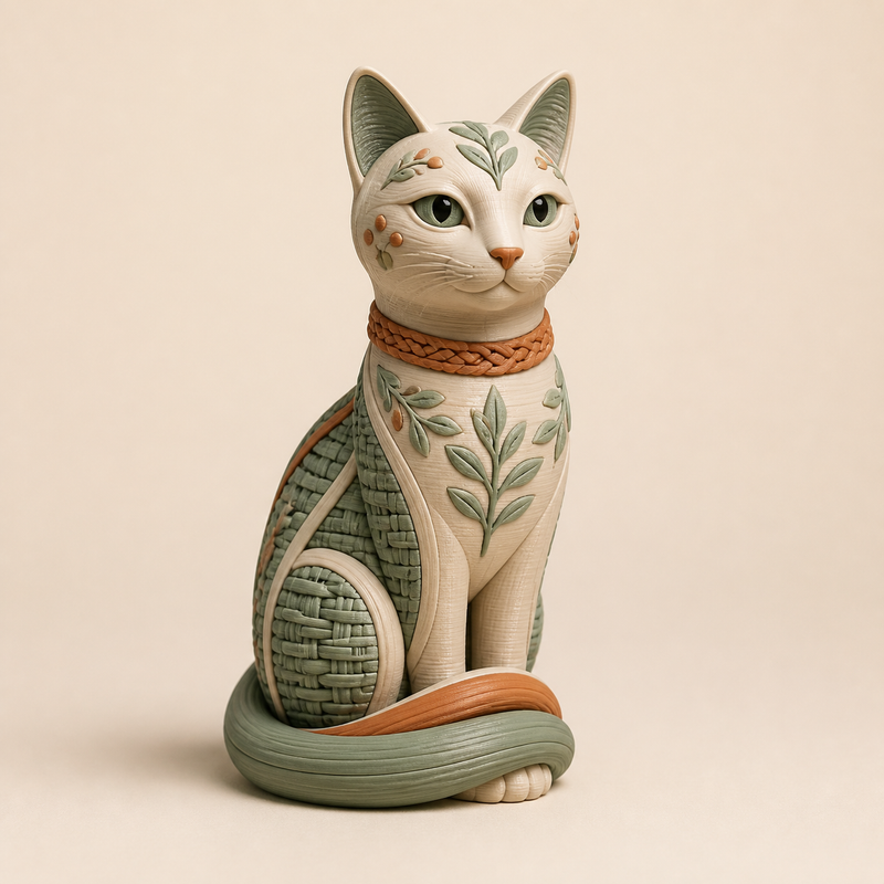 Dekofigur Katze Balance im Stil Landhaus aus 3D-gedrucktem PETG in Salbeigrün, Creme, Terrakotta