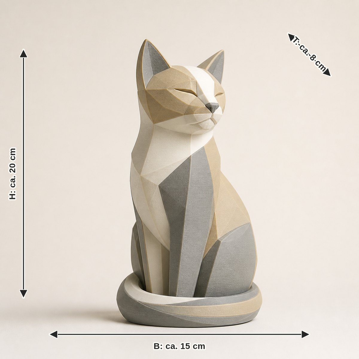 Maßbild für Dekofigur Katze Balance – Minimalistisch: Breite ca. 15 cm, Tiefe ca. 8 cm, Höhe ca. 20 cm