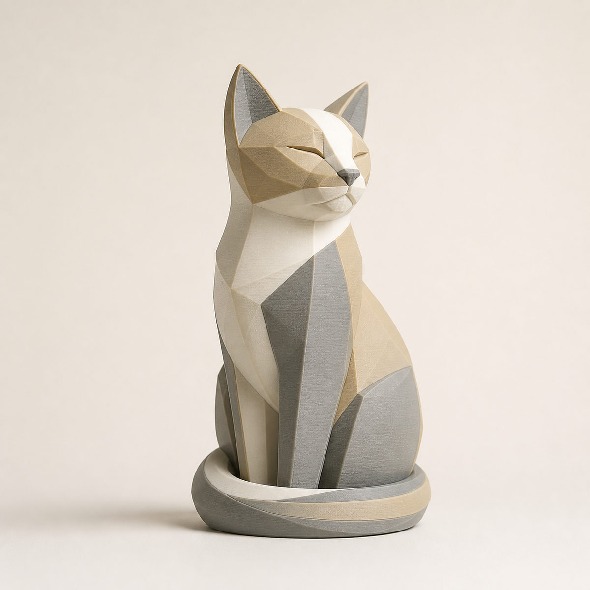 Dekofigur Katze Balance im Stil Minimalistisch aus 3D-gedrucktem PETG in Sand, Warmweiß, Grau
