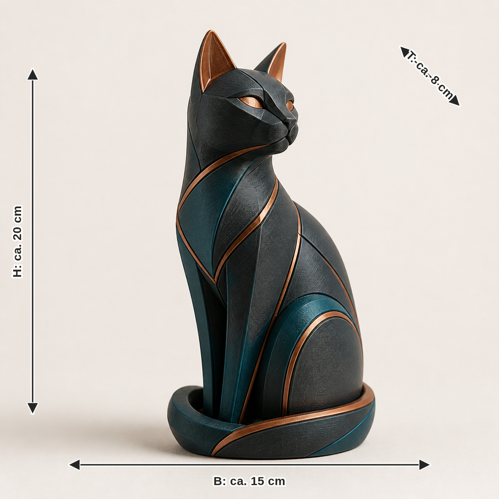 Maßbild für Dekofigur Katze Balance – Modern: Breite ca. 15 cm, Tiefe ca. 8 cm, Höhe ca. 20 cm