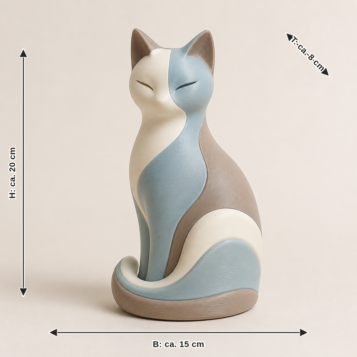 Maßbild für Dekofigur Katze Balance – Still: Breite ca. 15 cm, Tiefe ca. 8 cm, Höhe ca. 20 cm
