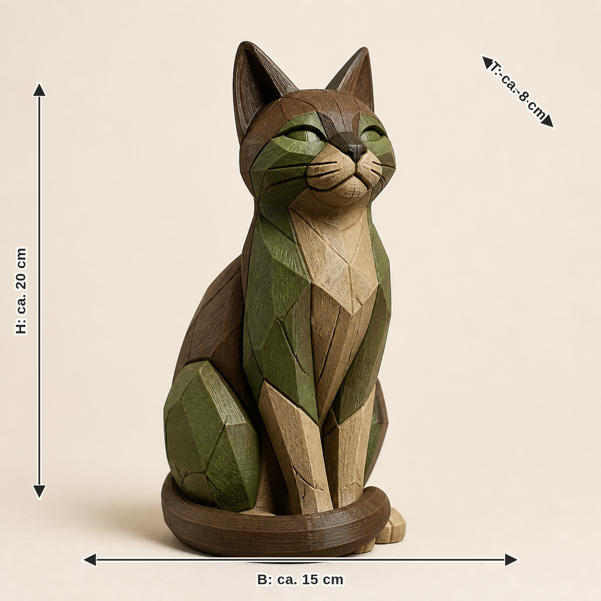 Maßbild für Dekofigur Katze Balance – Urig: Breite ca. 15 cm, Tiefe ca. 8 cm, Höhe ca. 20 cm