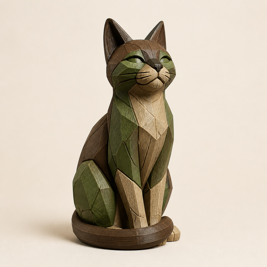 Dekofigur Katze Balance im Stil Urig aus 3D-gedrucktem PETG in Walnussbraun, Moosgrün, Sand